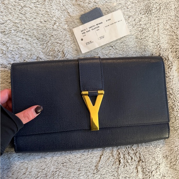 Saint Laurent Handbags - Saint Laurent Dark Blue Clutch w/Gold Hardware
